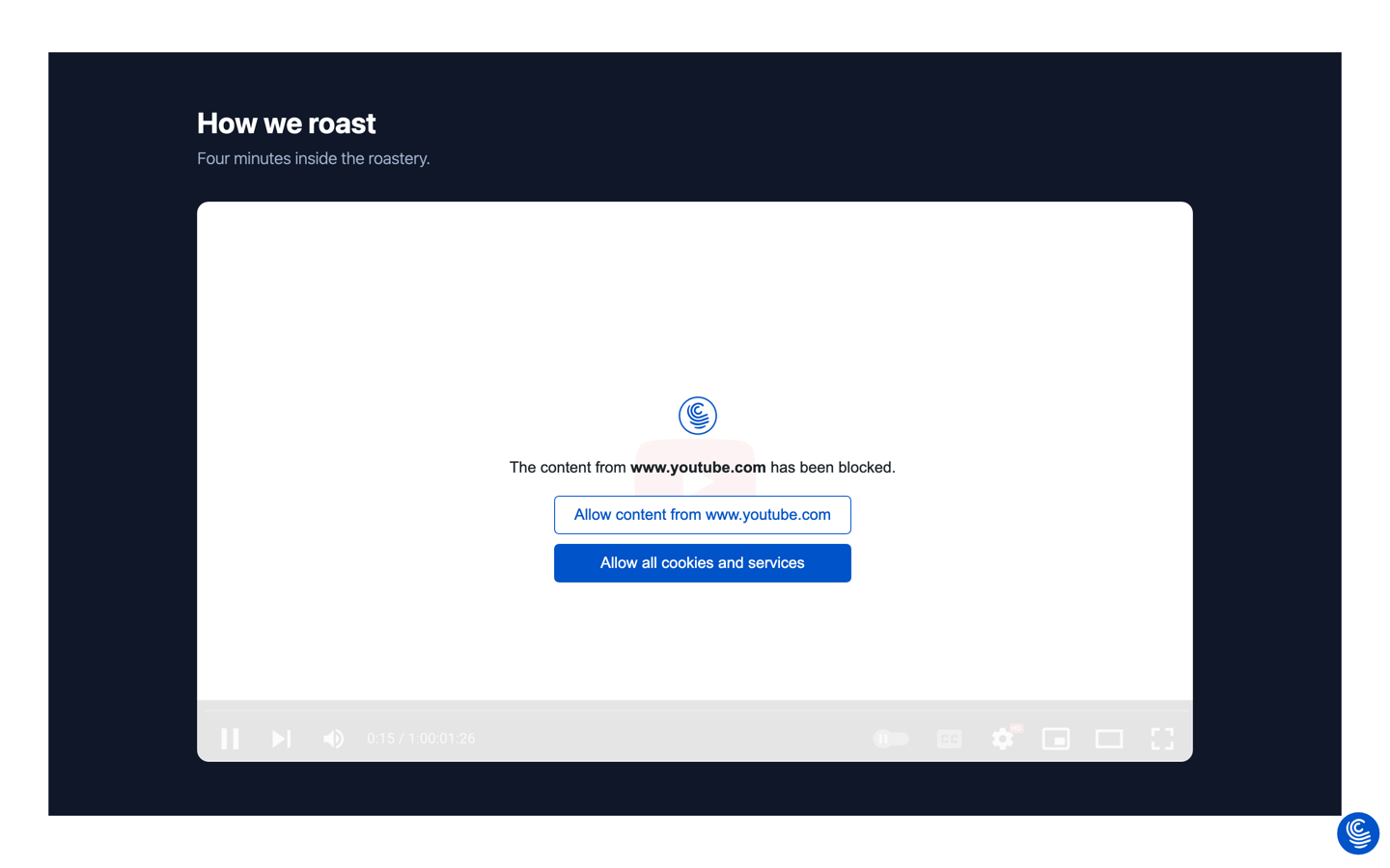Must-Have Cookie blocking a YouTube embed with a placeholder naming www.youtube.com