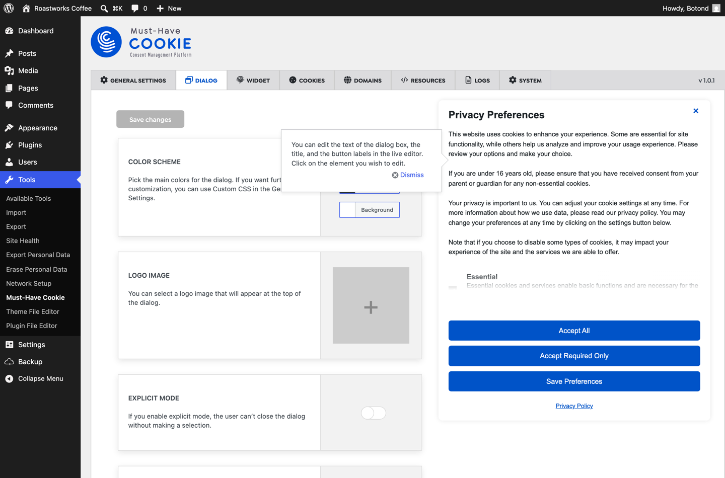 Must-Have Cookie live editor with the dialog preview beside the settings