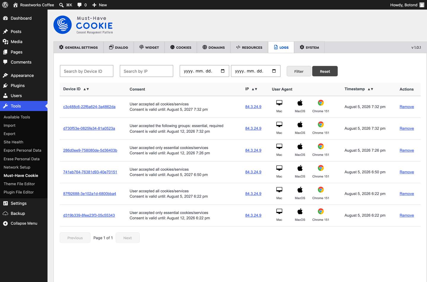 Must-Have Cookie consent log with consent IDs, IP addresses, devices and timestamps
