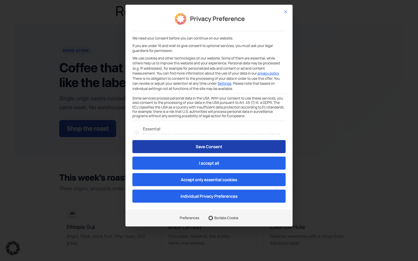 Borlabs Cookie consent dialog on the same demo shop