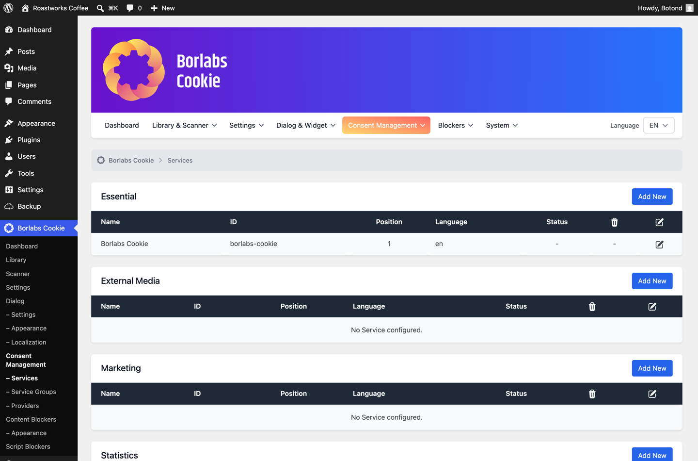 Borlabs Cookie services screen with service groups