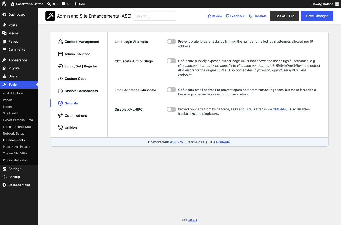 ASE Security tab showing which modules require the Pro version