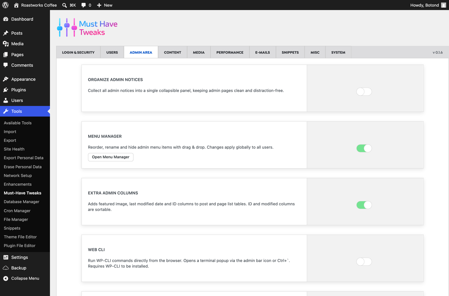 Must-Have Tweaks admin area tab