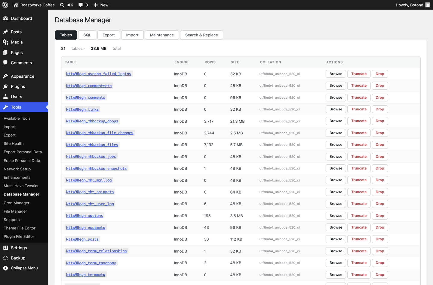 Must-Have Tweaks database manager showing tables, SQL, export, import, maintenance and search and replace