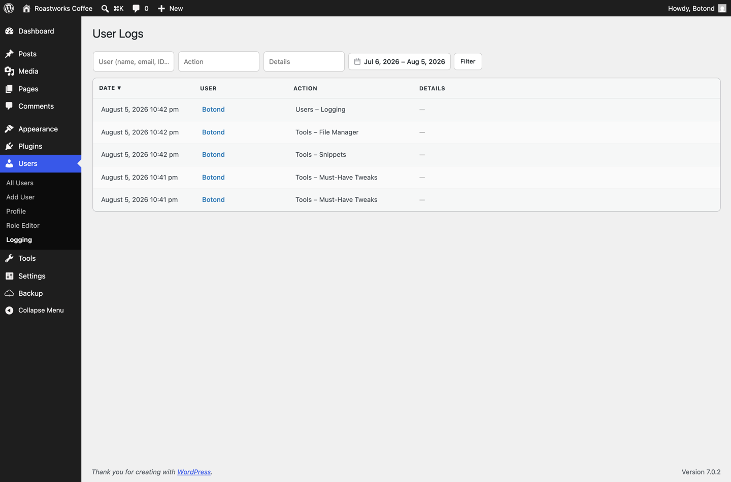 Must-Have Tweaks user activity logging screen