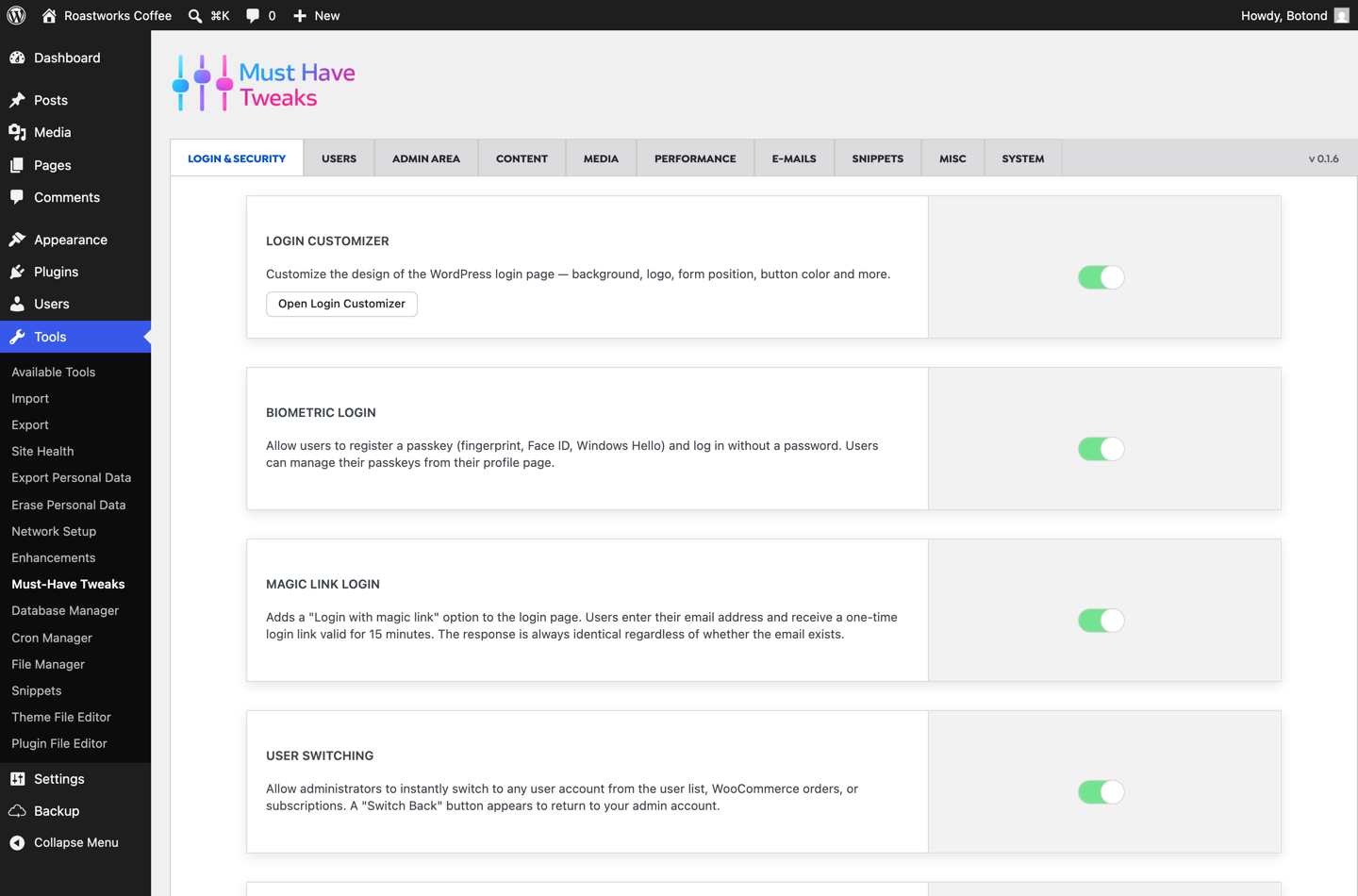 Must-Have Tweaks Login and Security tab with biometric login, magic link and user switching modules