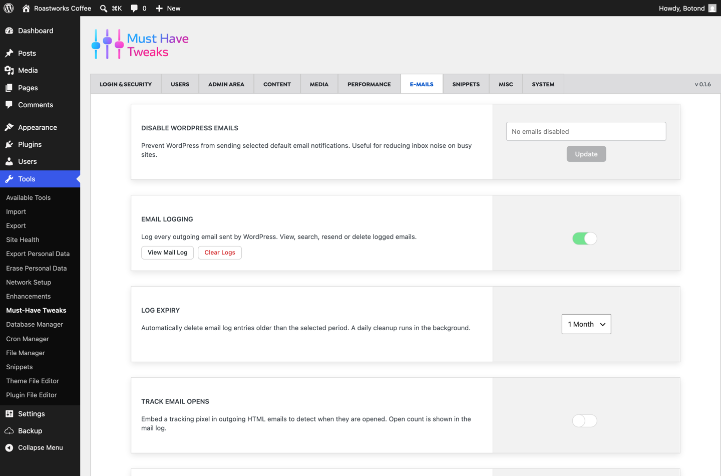 Must-Have Tweaks e-mail tab with SMTP configuration and mail logging