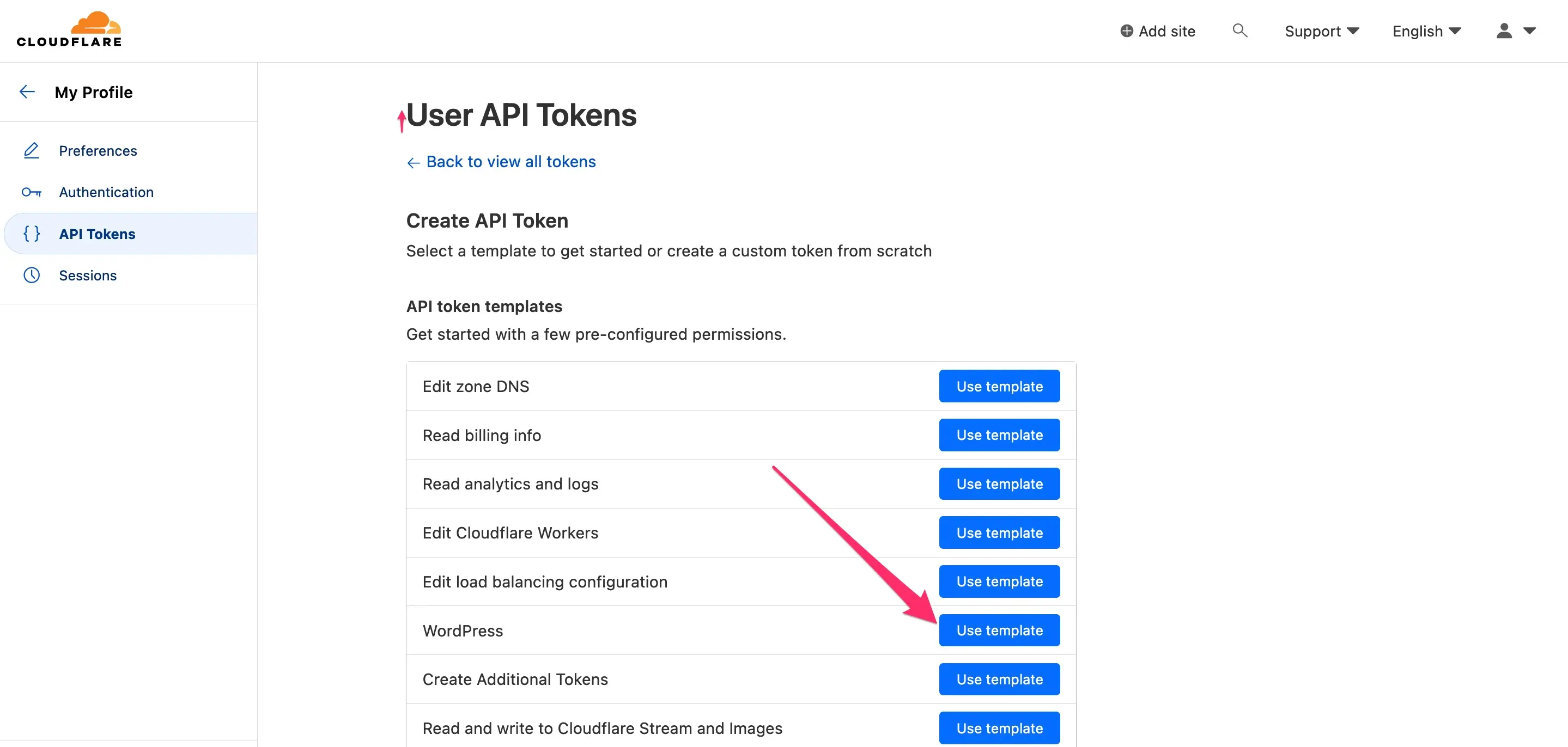 Cloudflare API token templates list with the WordPress template highlighted