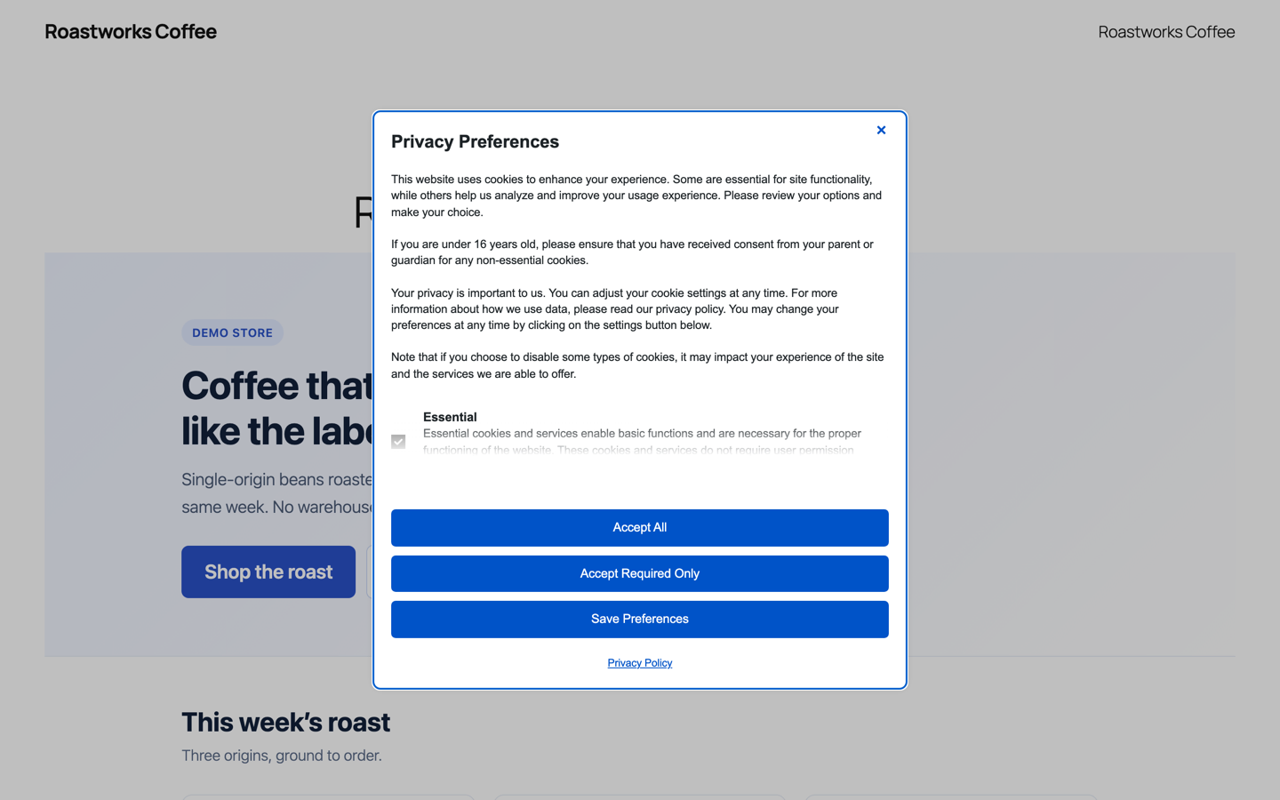 Must-Have Cookie consent dialog on the demo shop