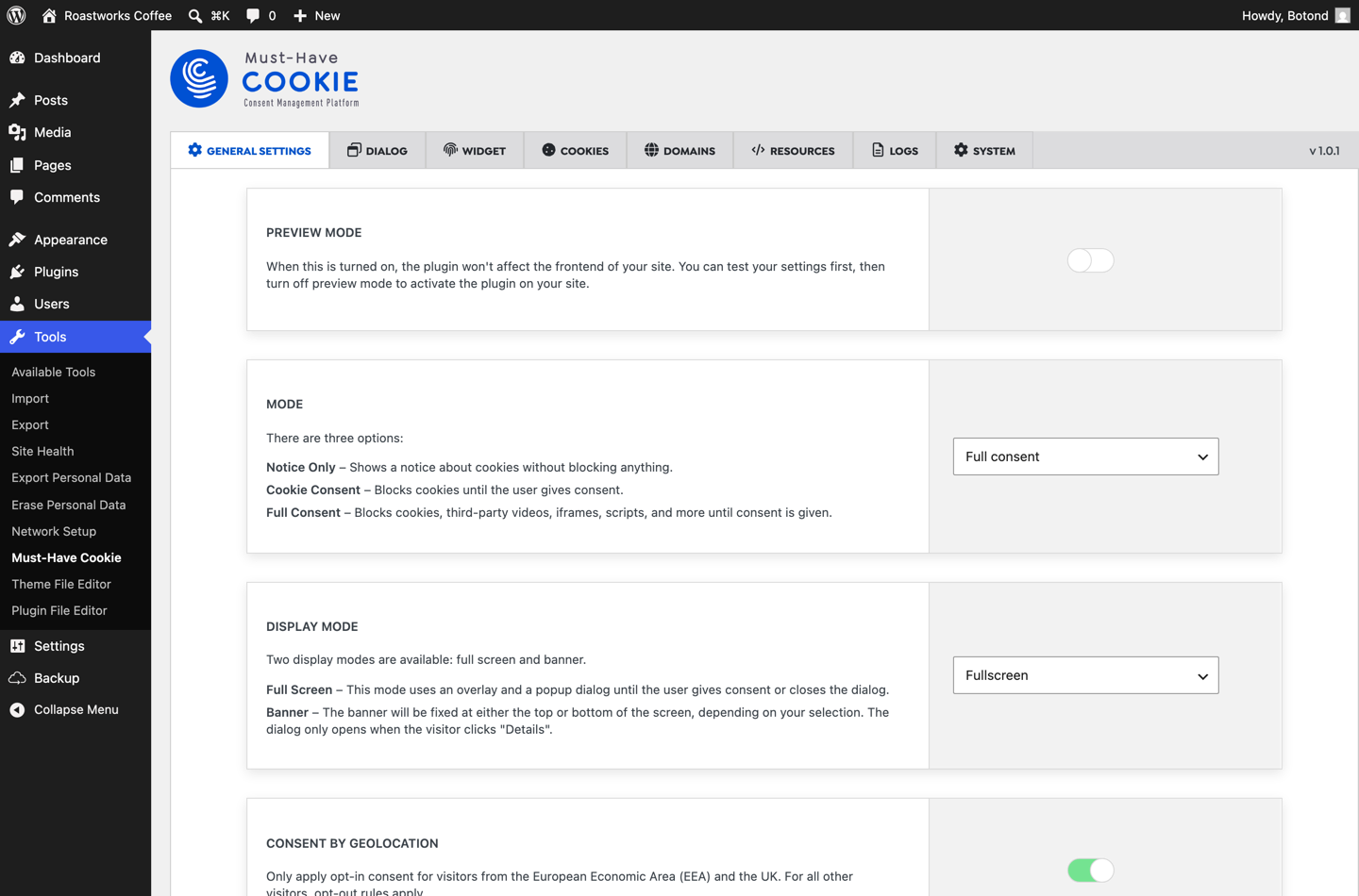 Must-Have Cookie general settings: consent mode, display mode, geolocation and logging switches