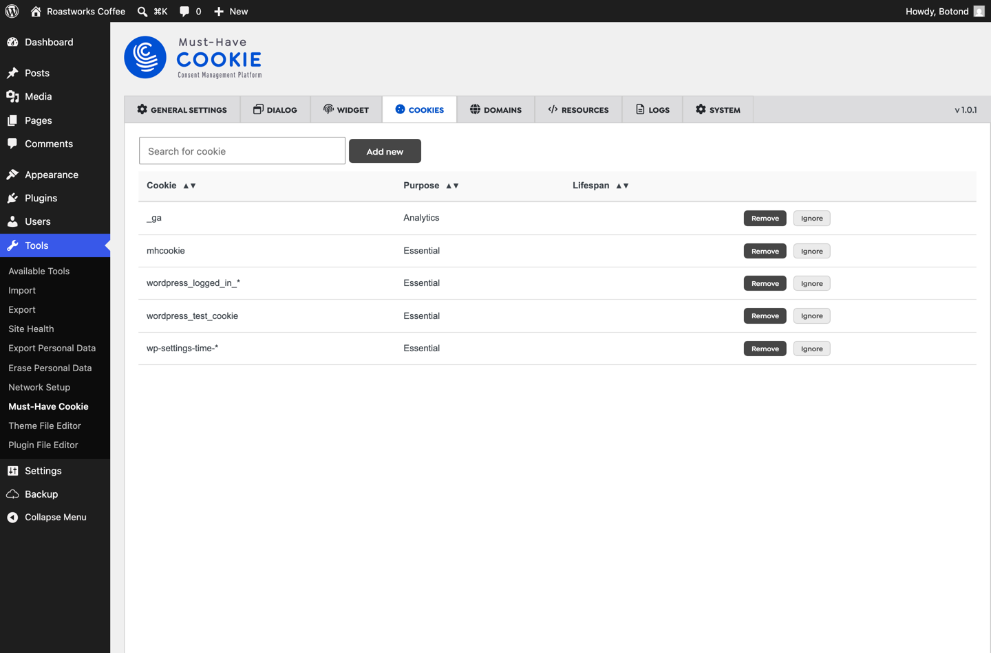 Must-Have Cookie cookies table with analytics, marketing and media cookies