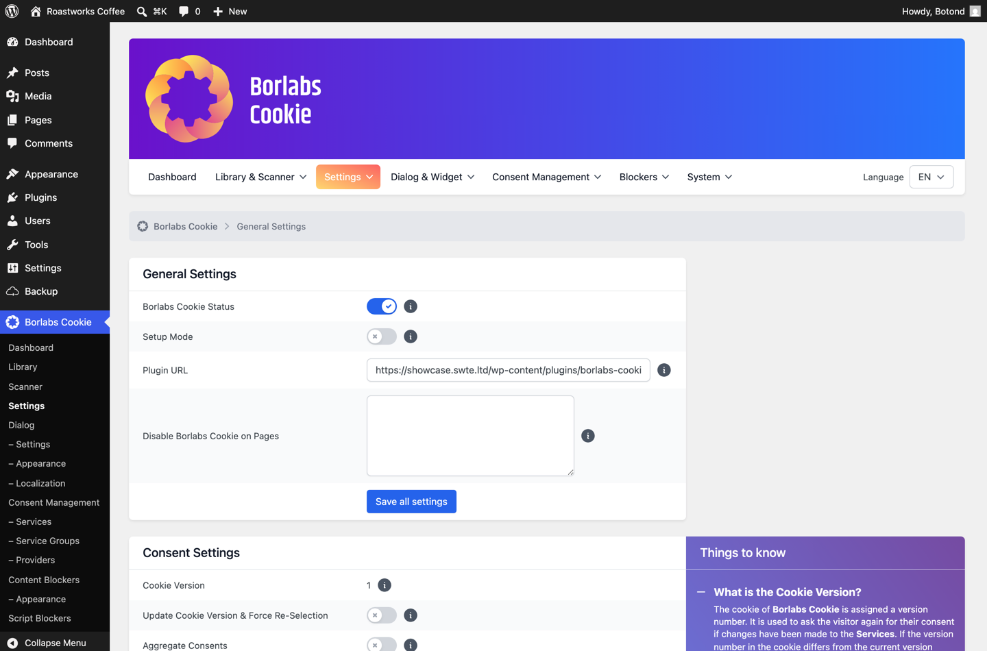 Borlabs Cookie general settings with the Borlabs Cookie Status switch