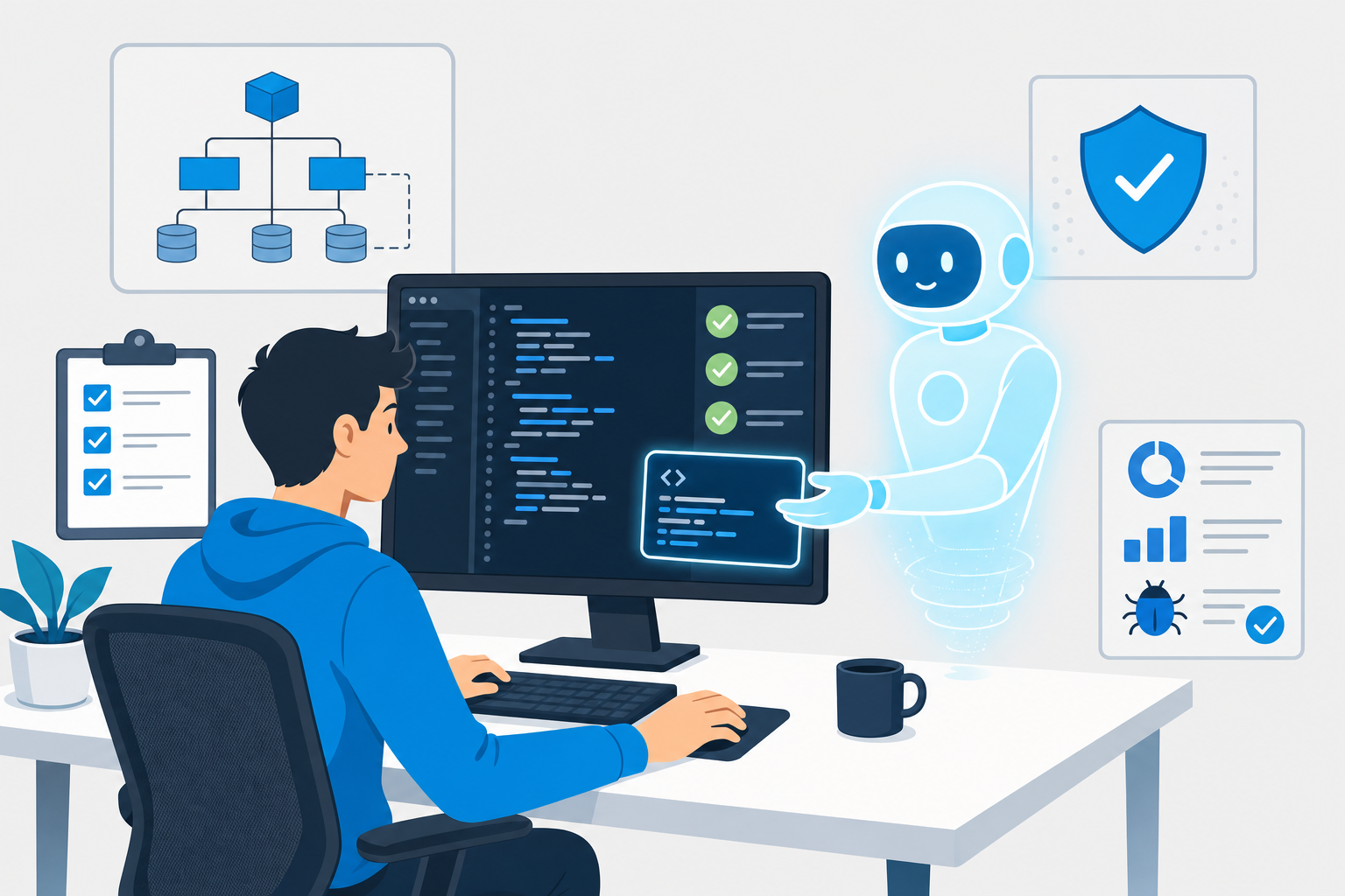 Diagram: developer time shifts from writing boilerplate, reading docs and manual debugging to architecture decisions, reviewing AI-generated code, testing on staging and handling security and payment edge cases