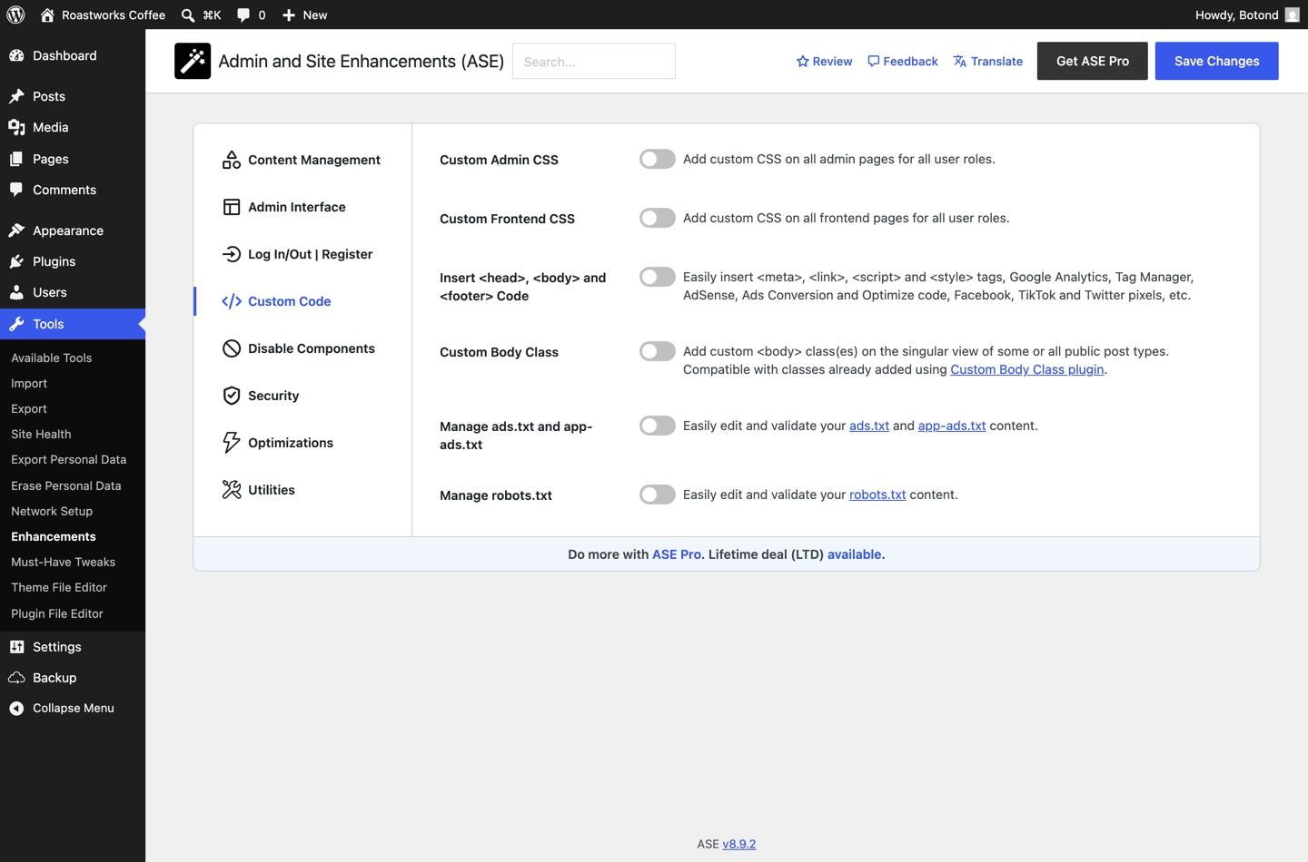 ASE Custom Code tab showing free CSS options and the Pro-badged code snippets manager