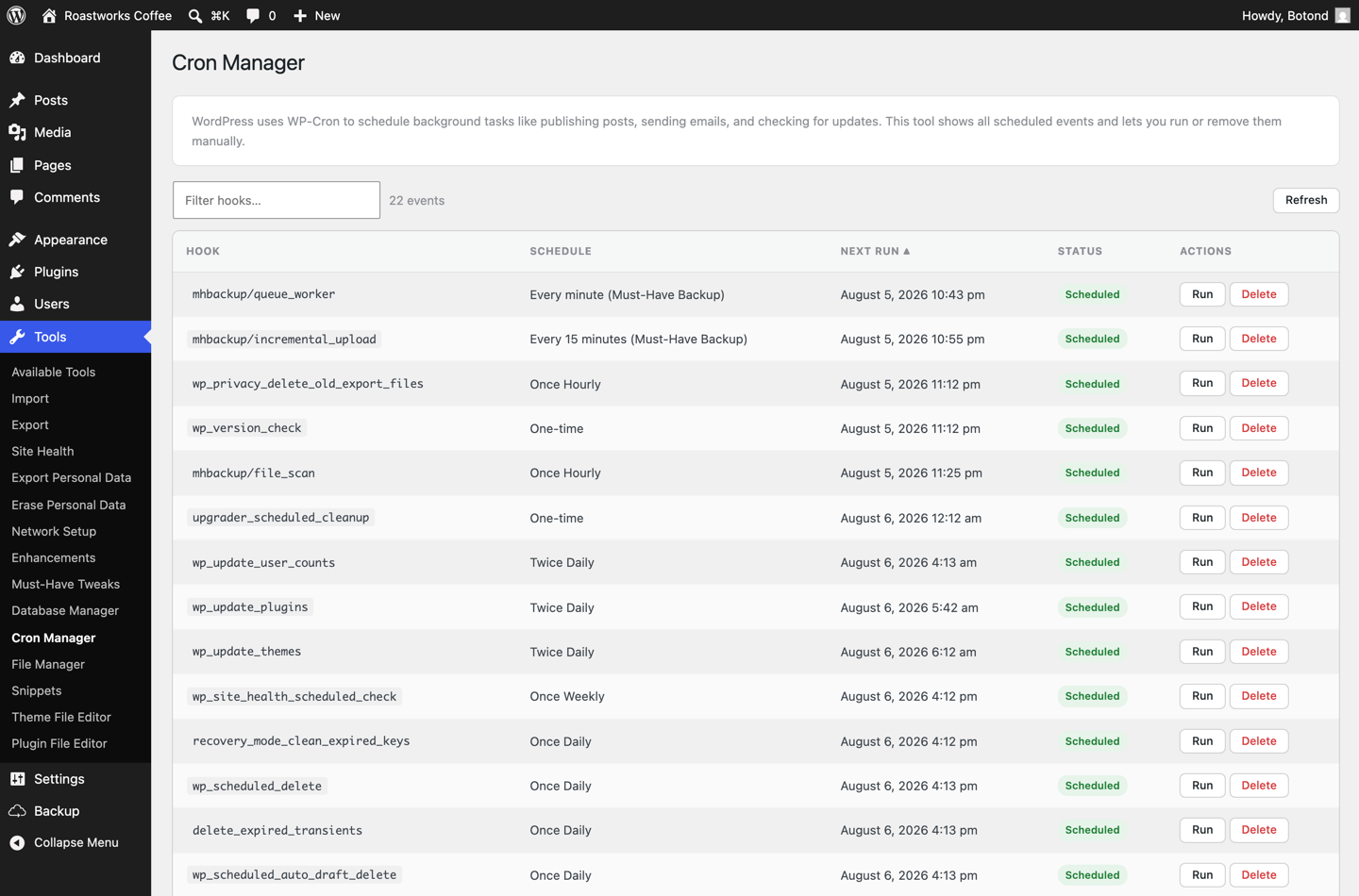 Must-Have Tweaks cron manager listing scheduled WordPress tasks