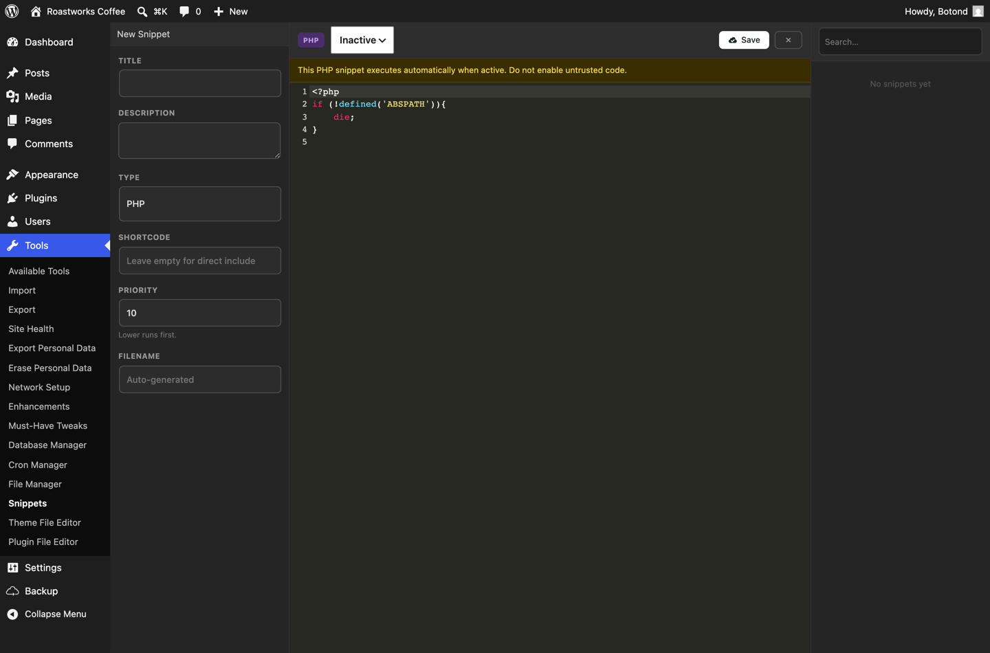 Must-Have Tweaks snippet editor with syntax highlighting and snippet metadata