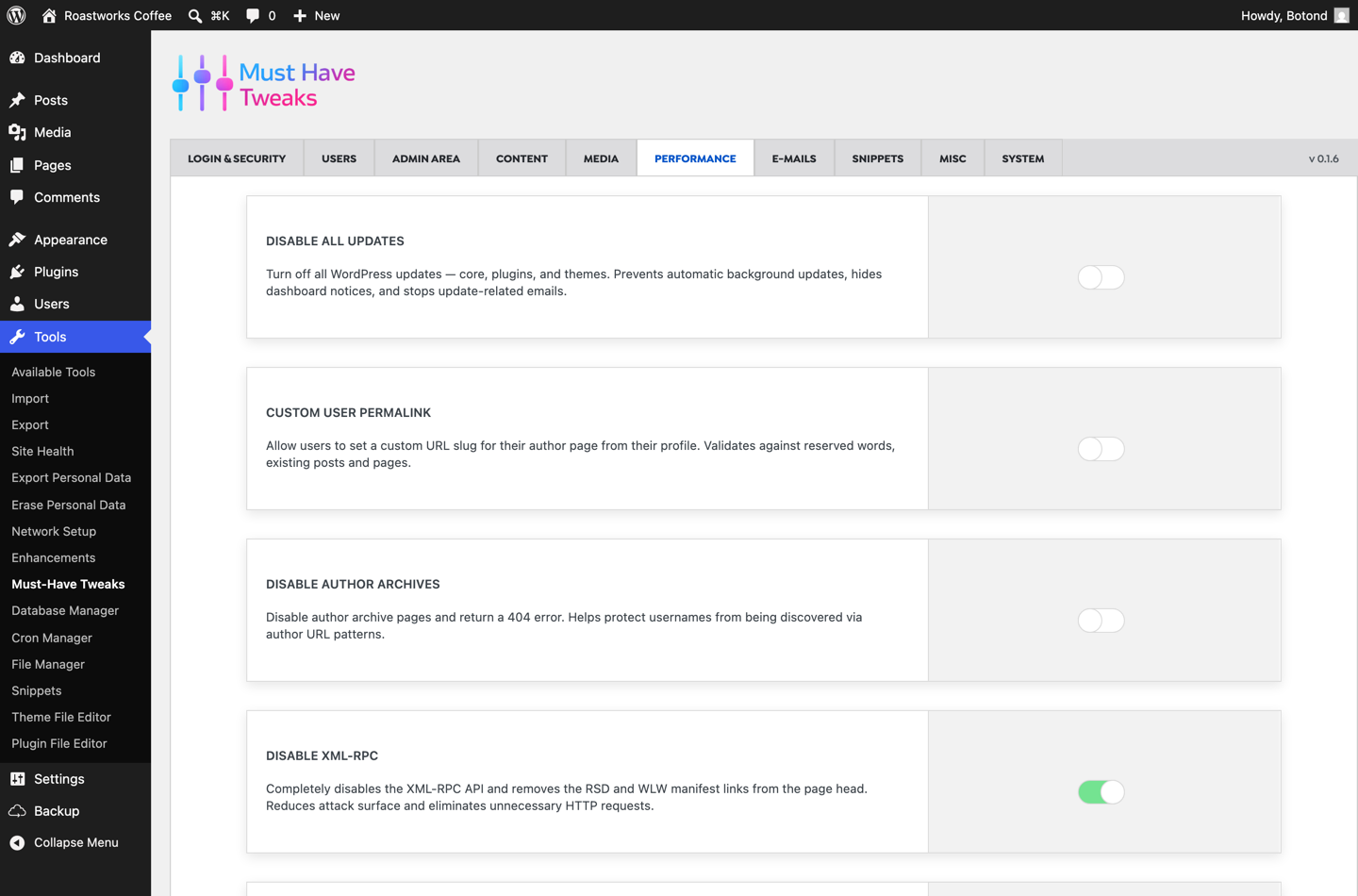 Must-Have Tweaks performance tab with switches for disabling WordPress bloat