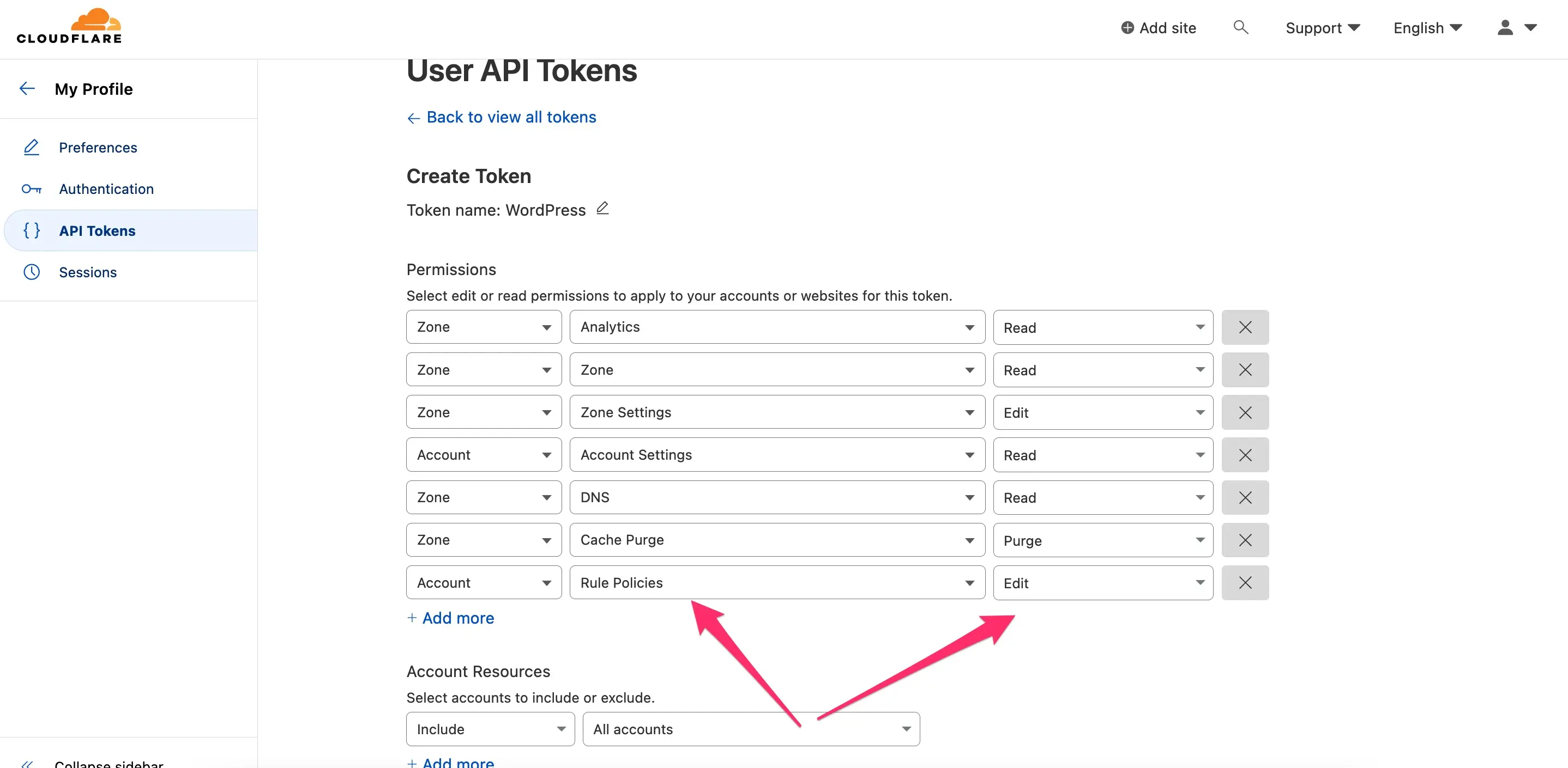Cloudflare Create Token permissions with the WordPress template defaults and the extra rules Edit permission highlighted