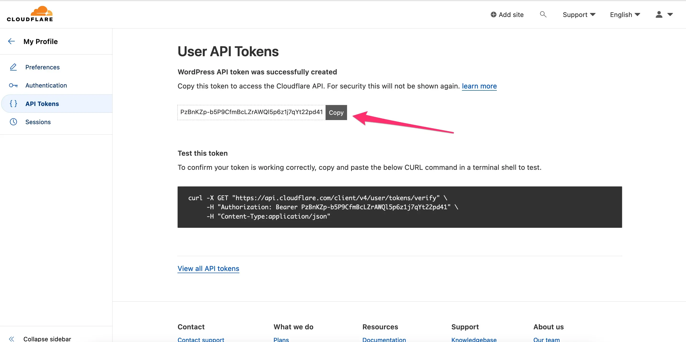 Cloudflare token created screen with the Copy button highlighted