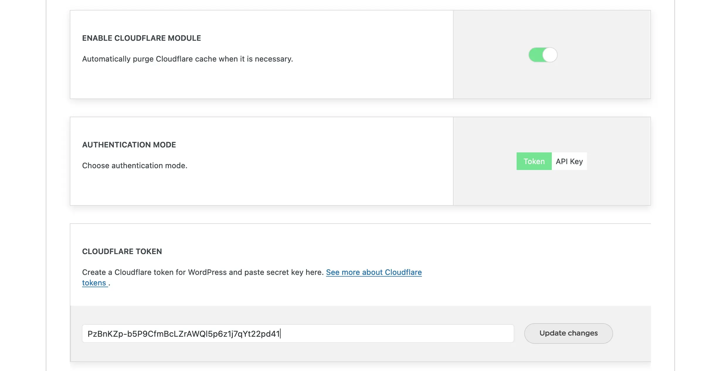 Swift Performance Cloudflare settings: Enable Cloudflare Module on, Authentication mode Token, token pasted into the Cloudflare Token field
