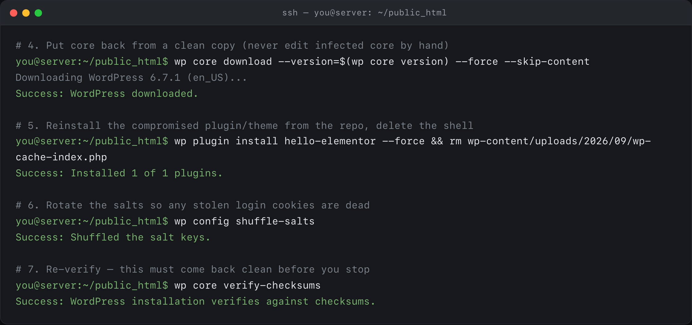 Terminal session: wp core download --force, reinstalling a theme and removing the web shell, wp config shuffle-salts, and a final wp core verify-checksums that passes.