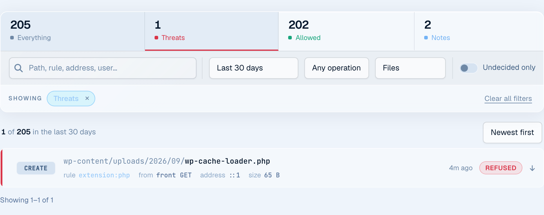 Must-Have Security file log showing a CREATE of wp-cache-loader.php in wp-content/uploads refused by the file firewall.
