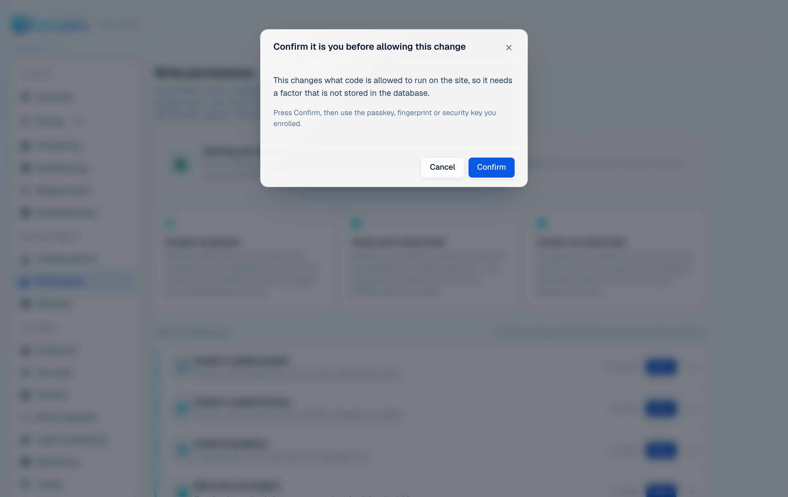 Must-Have Security asking a trusted administrator to confirm a file change with a passkey before allowing it.