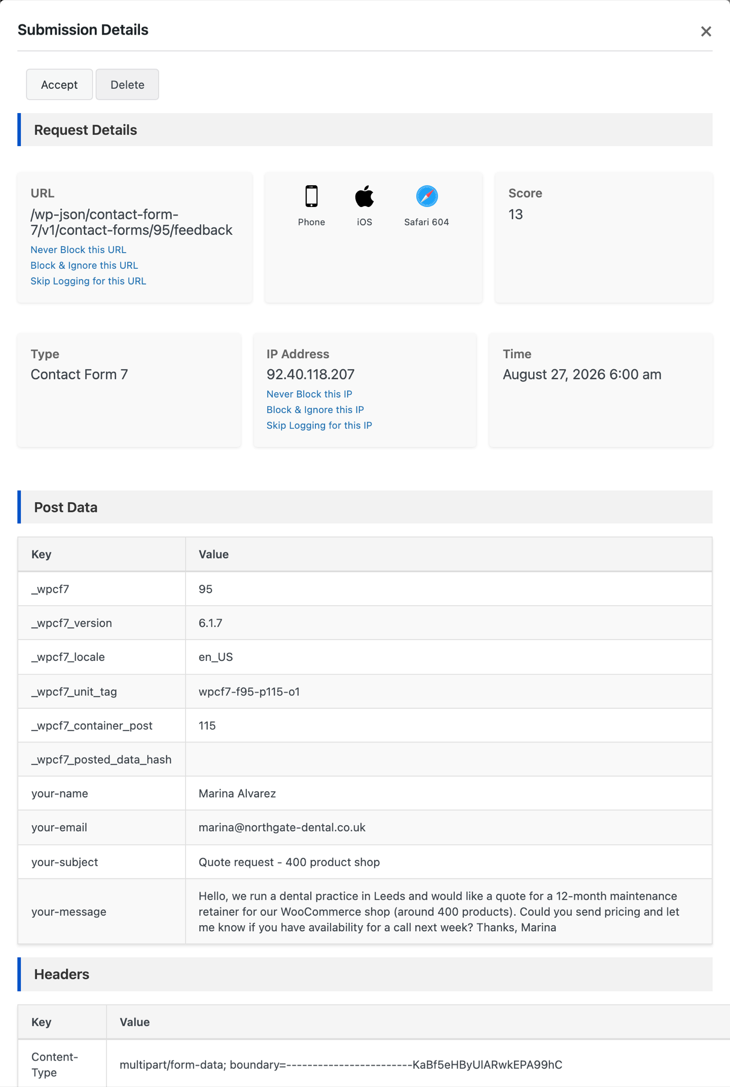 Submission details of a blocked contact form entry in Must-Have Captcha with the Accept button and the full form data