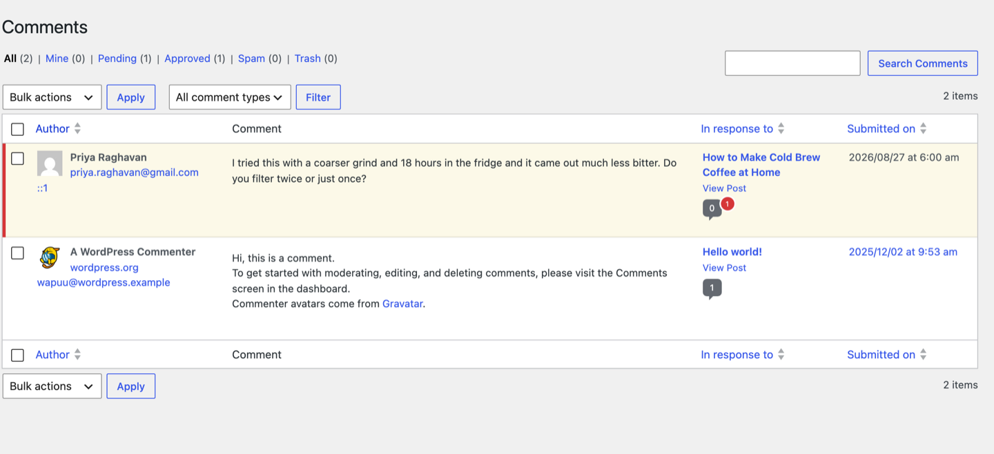 The replayed WordPress comment waiting in the comment moderation queue