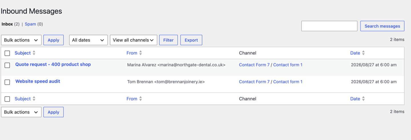 The recovered Contact Form 7 lead in Flamingo Inbound Messages after replaying the blocked submission