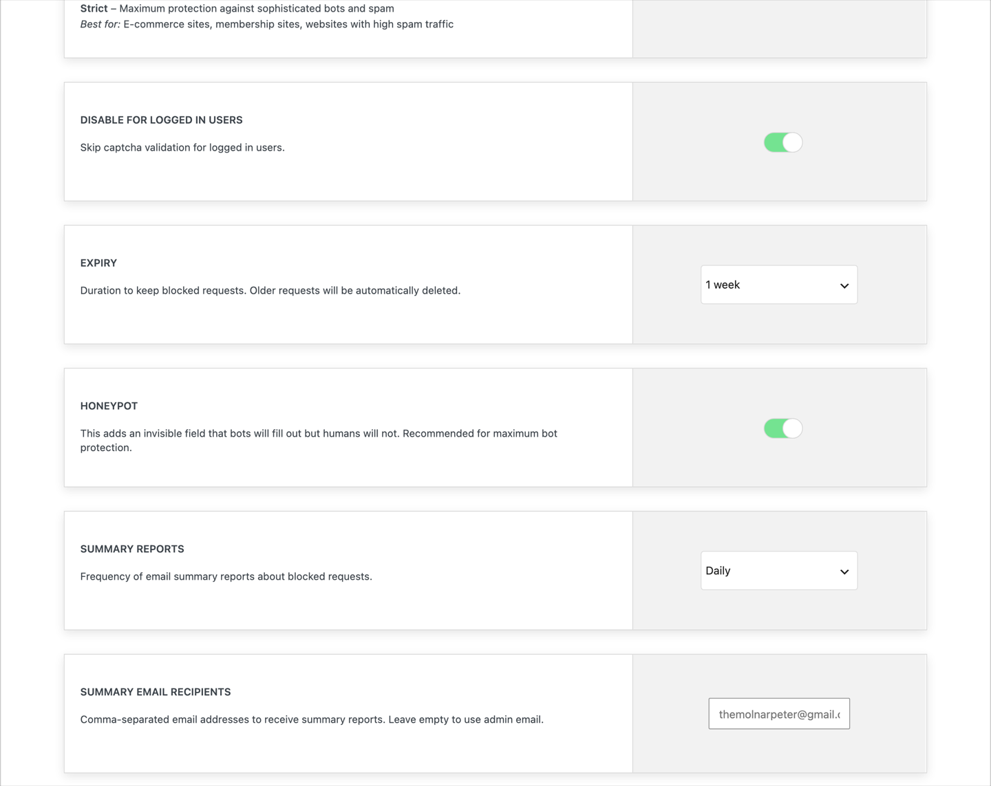 Must-Have Captcha settings with Basic, Normal and Strict protection levels and no API keys to enter