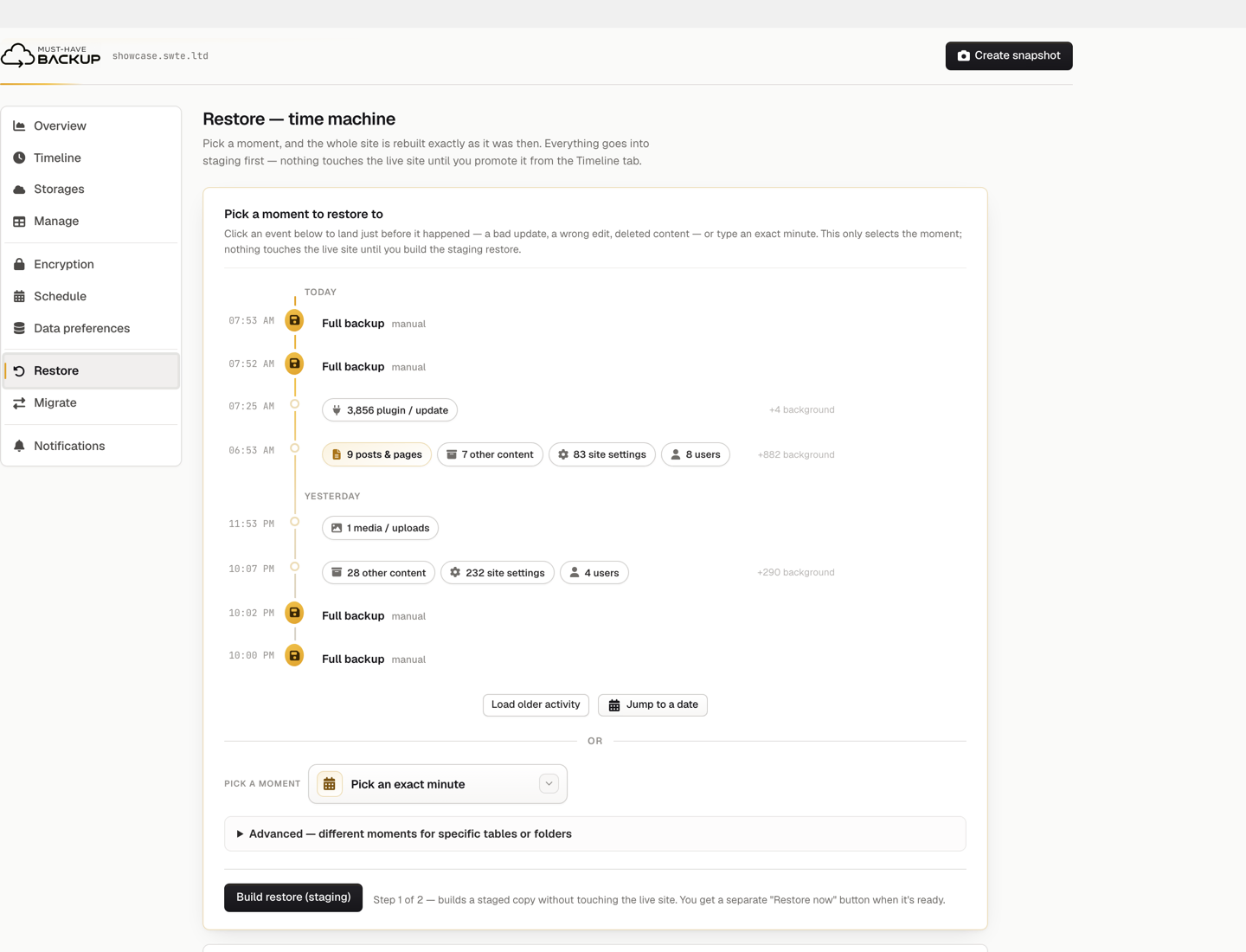 Must-Have Backup restore screen showing an activity timeline with plugin updates, posts, settings and user changes