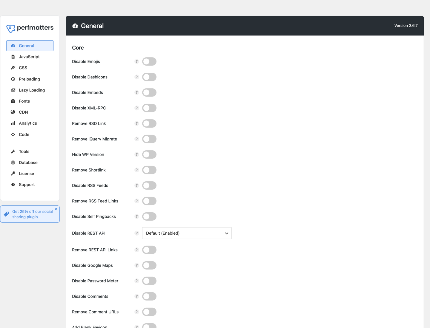 Perfmatters settings screen showing General options such as disable emojis, Dashicons, embeds and XML-RPC