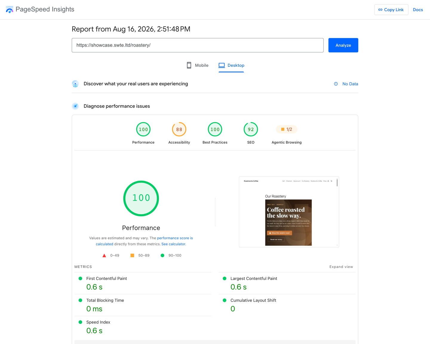 PageSpeed Insights desktop report with Swift Performance AI: performance score 100