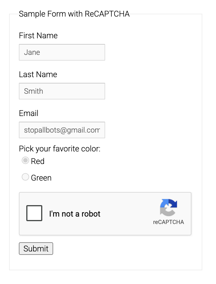 Google reCAPTCHA v2 I am not a robot checkbox on Google official demo form