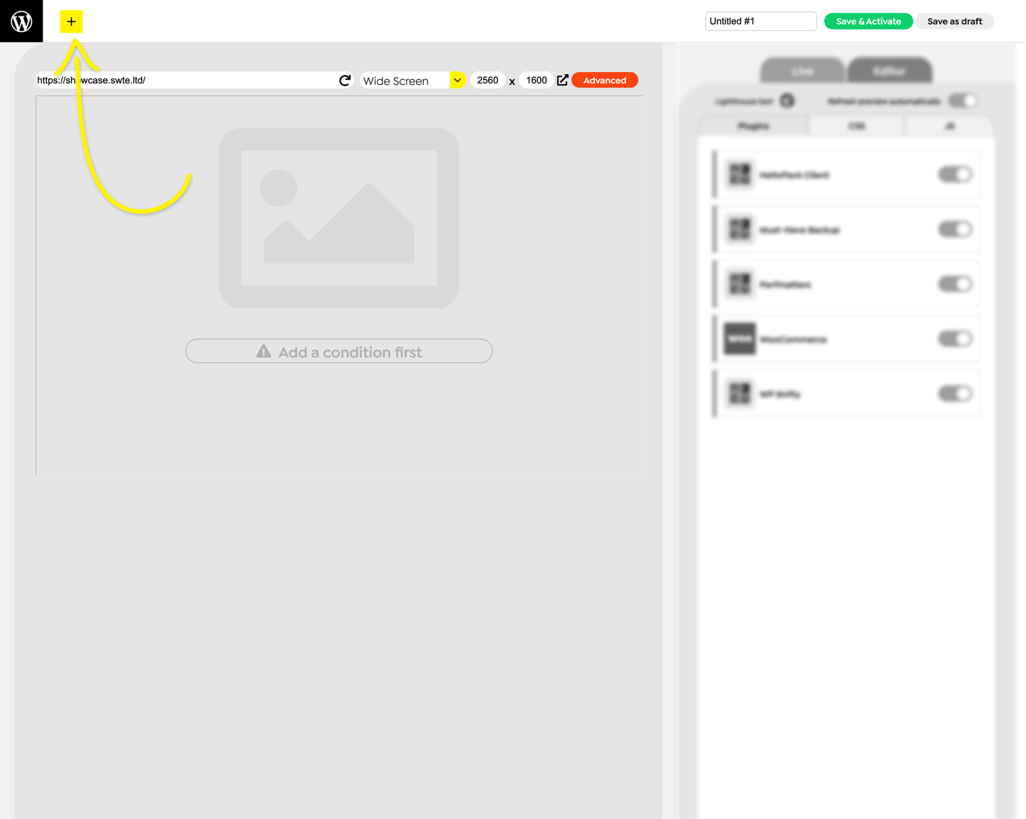 WP Shifty scenario editor with a live preview pane on the left and plugin, CSS and JS rule tabs on the right
