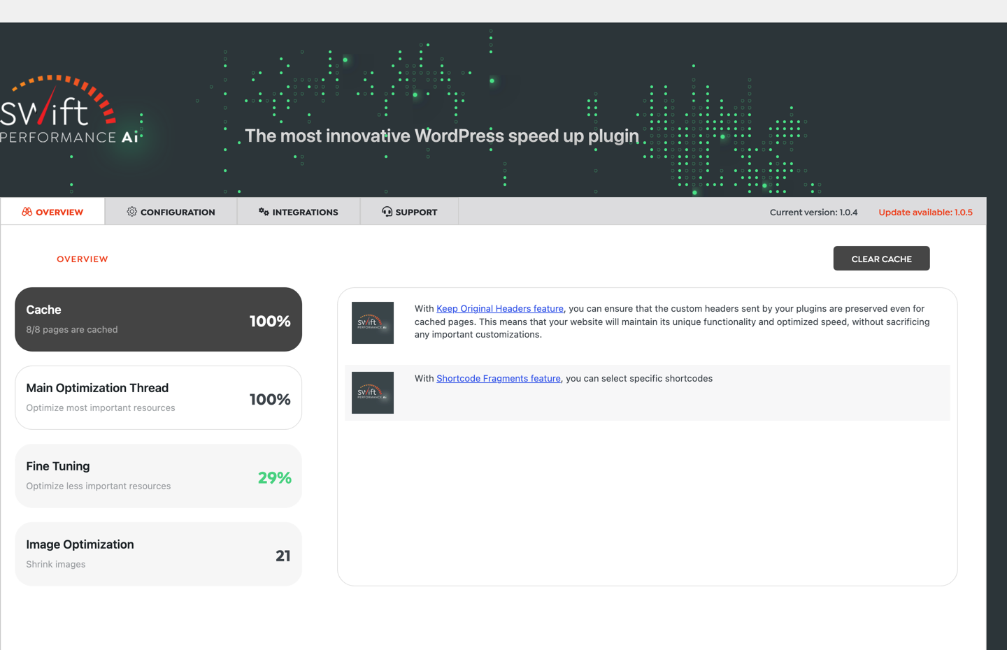 Swift Performance AI overview: cache 100%, main optimization thread 100%, 21 images optimised