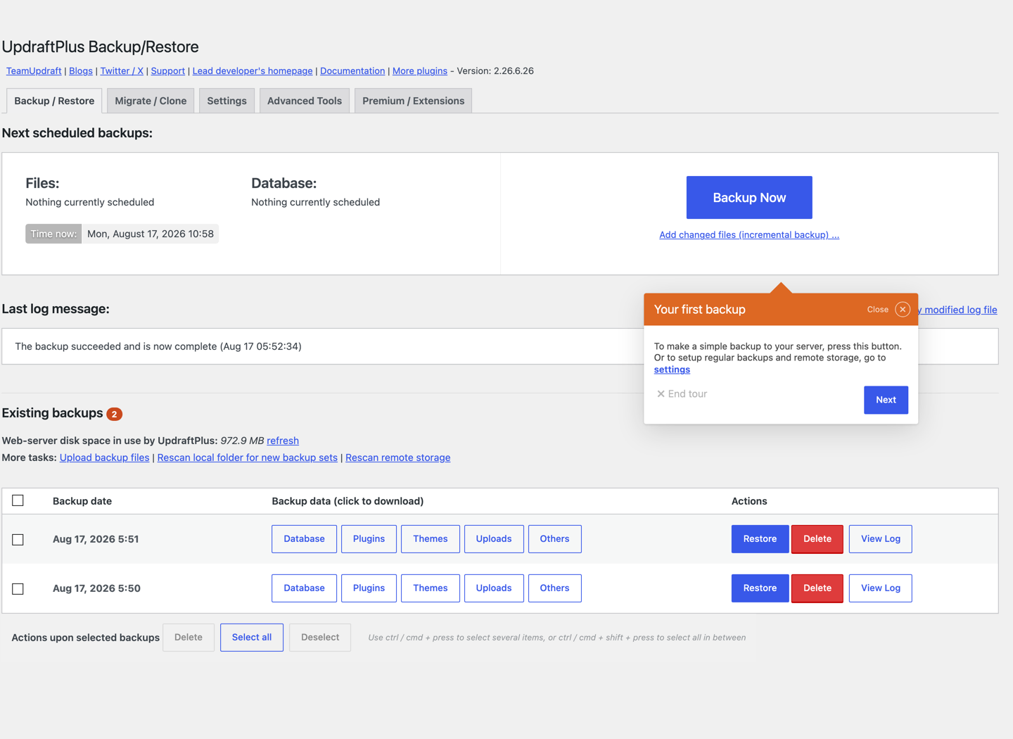 UpdraftPlus settings screen showing remote storage providers including Dropbox, Amazon S3, Google Drive, Backblaze and WebDAV