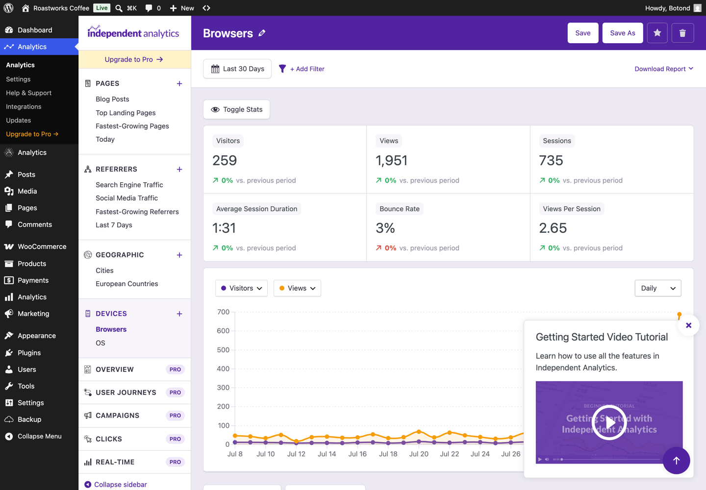 Independent Analytics device and browser report
