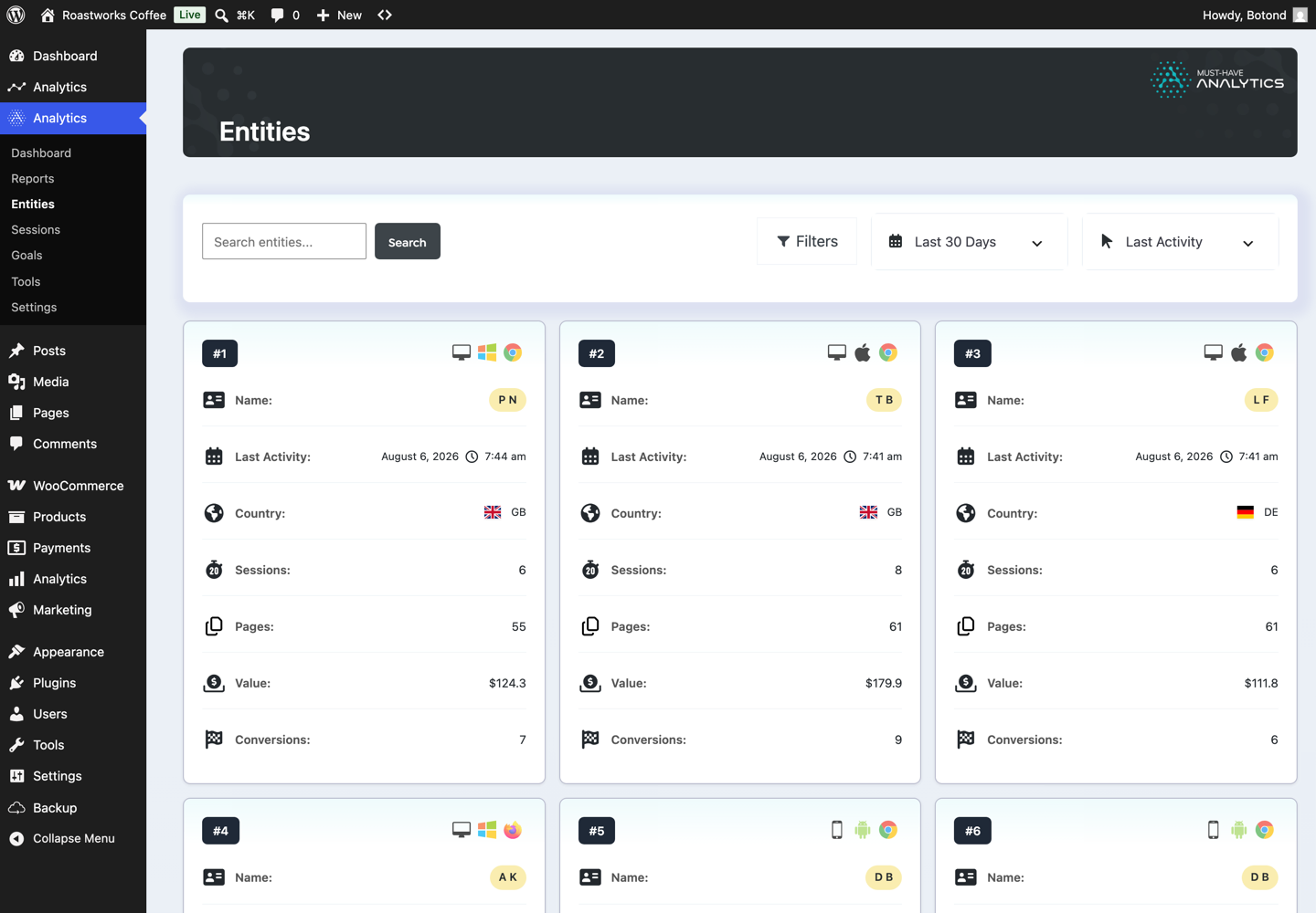 Entities view with identified visitors, value and conversions