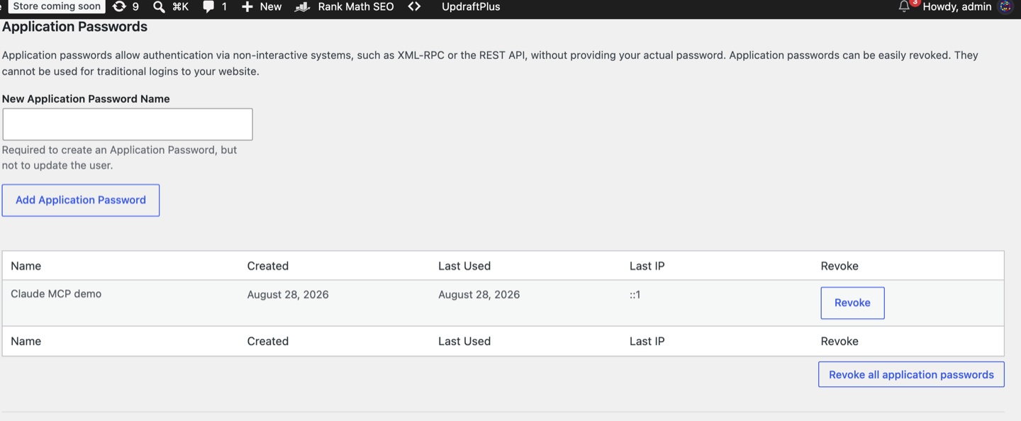 Creating a WordPress application password for the MCP connection