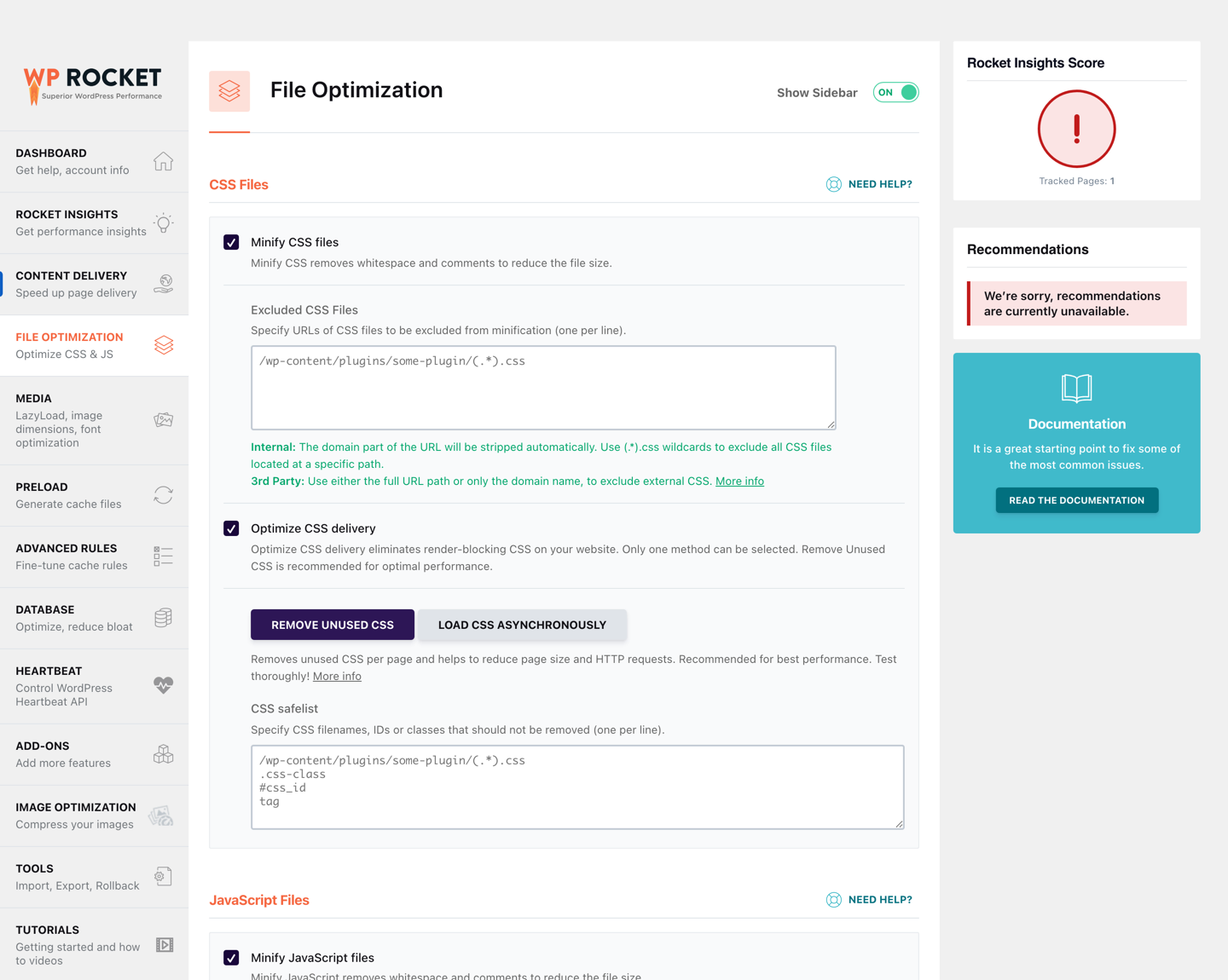 WP Rocket File Optimization settings with CSS and JavaScript exclusion fields