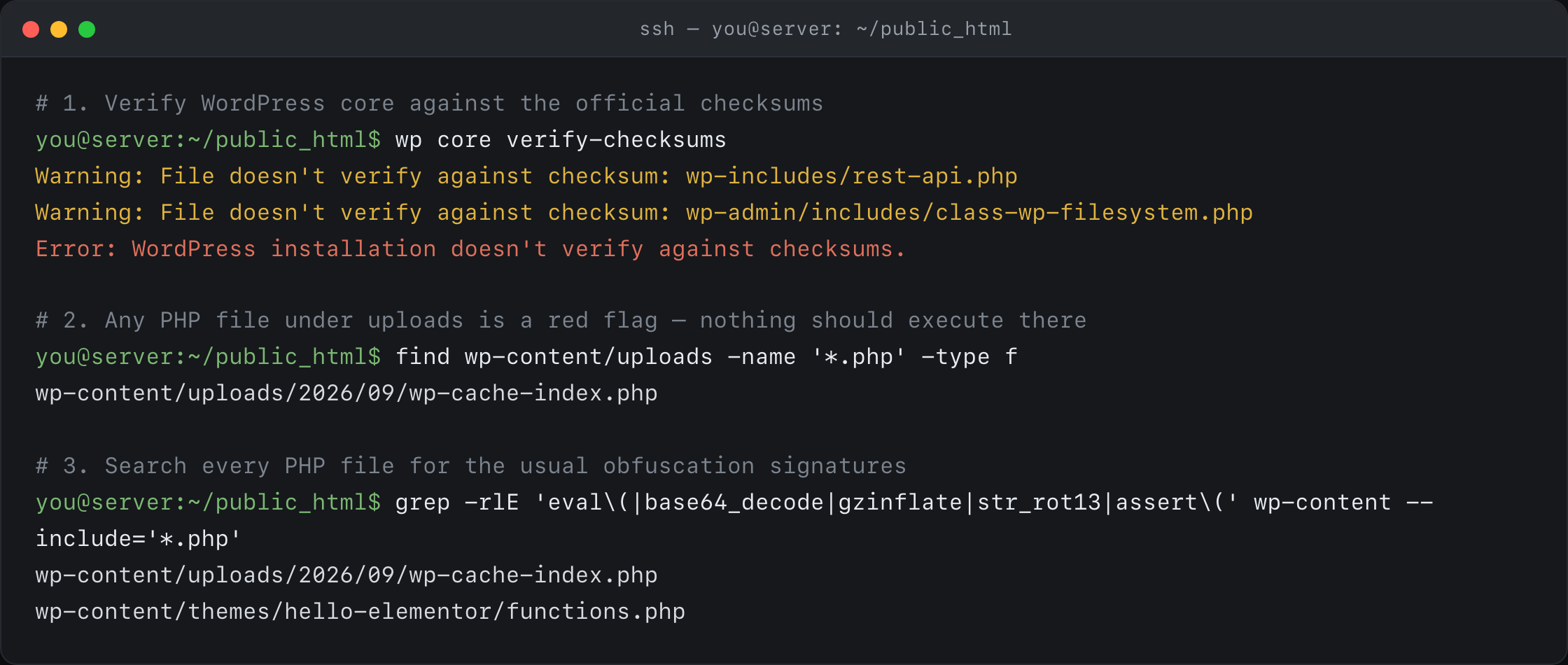 Terminal session: wp core verify-checksums reporting modified core files, find locating a PHP file in uploads, and grep matching eval/base64_decode across wp-content.