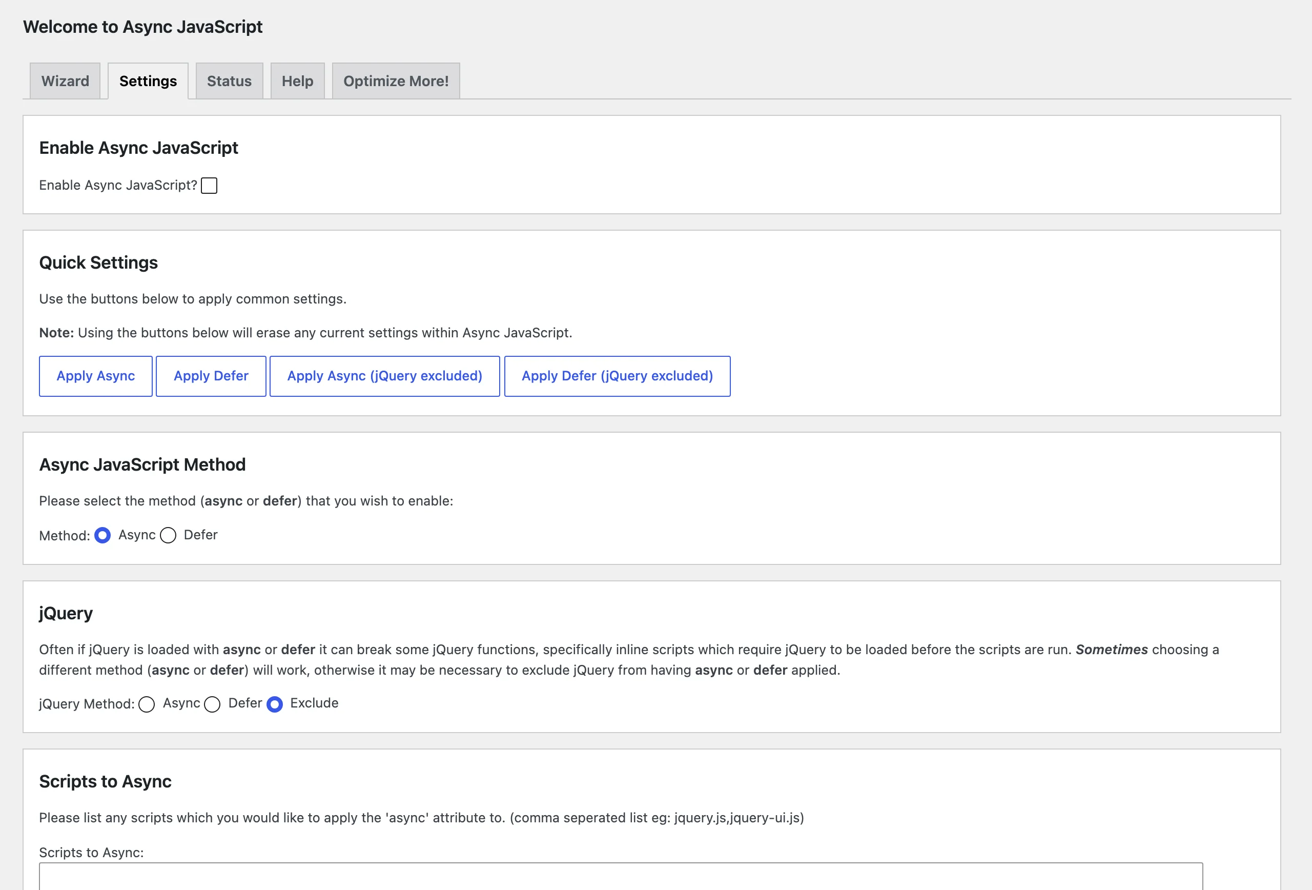 Async JavaScript settings page on WordPress 7.1.2