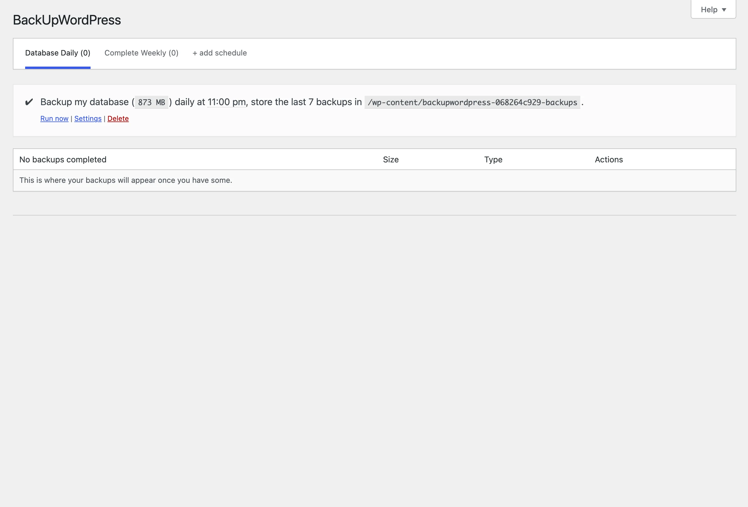BackUpWordPress admin screen on WordPress 7.1.2
