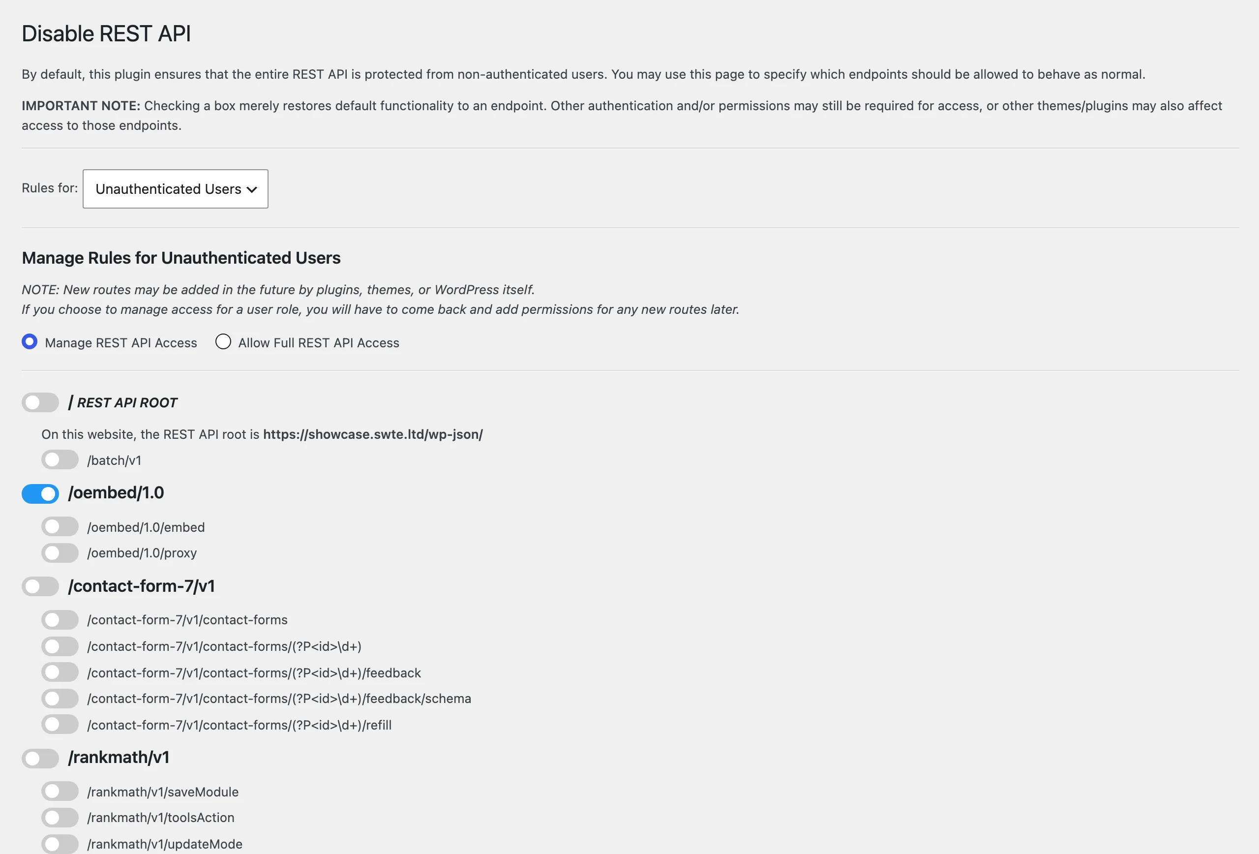 Disable REST API settings showing per-endpoint toggles for unauthenticated users