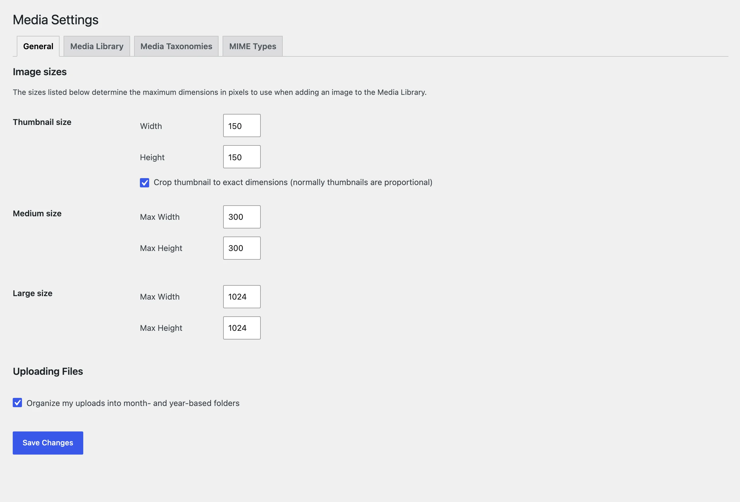 Enhanced Media Library settings under Settings, Media on WordPress 7.1.2