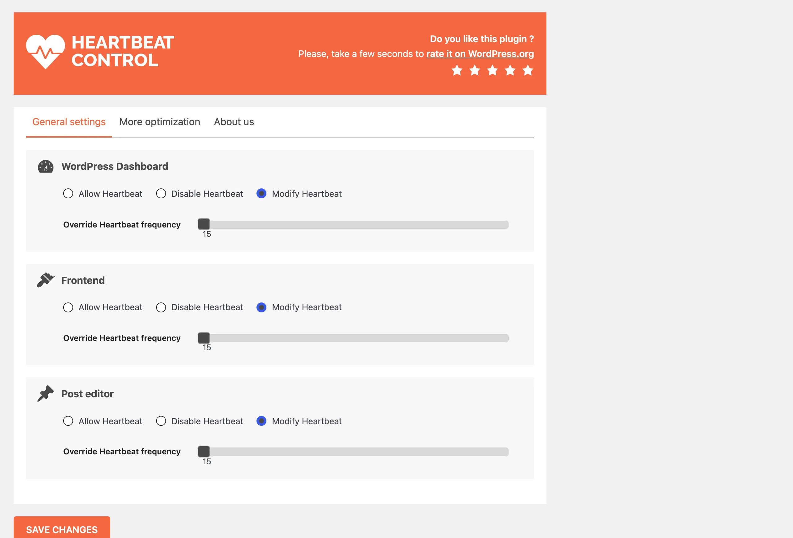 Heartbeat Control settings page on WordPress 7.1.2
