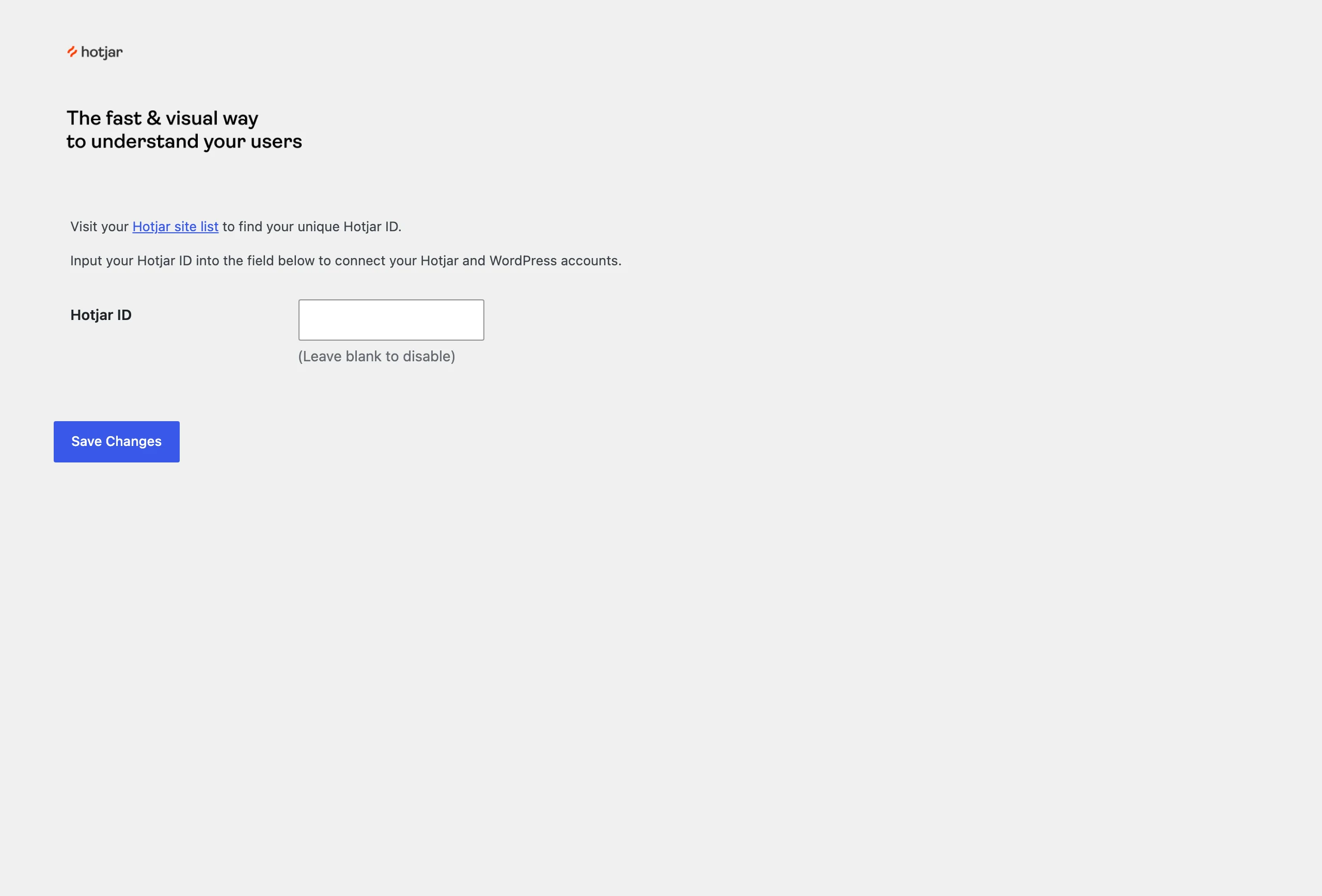 Hotjar plugin settings page on WordPress 7.1.2