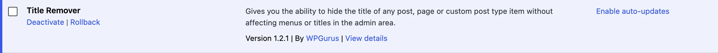 Title Remover plugin row in the WordPress plugins list